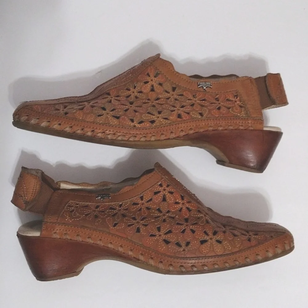 Pikolinos Floral Laser Cut Tan Leather Slingback Sandals US 6 Boho Summer Chic - Picture 10 of 15